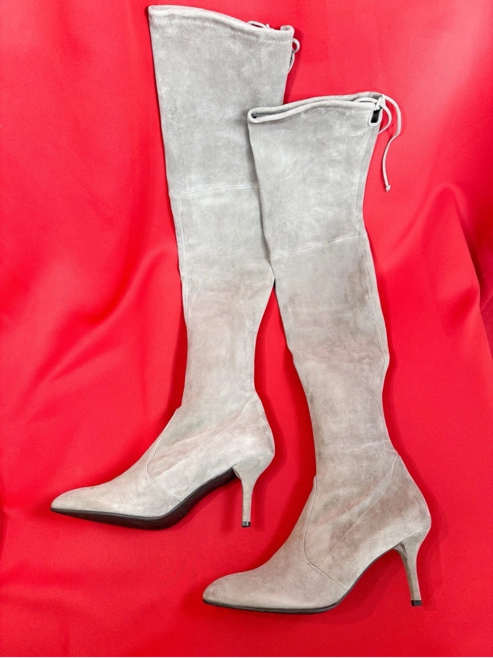 US 10.5 Spain Stuart Weitzman Boots Over Knee Suede Heel Almond Toe Light Grey